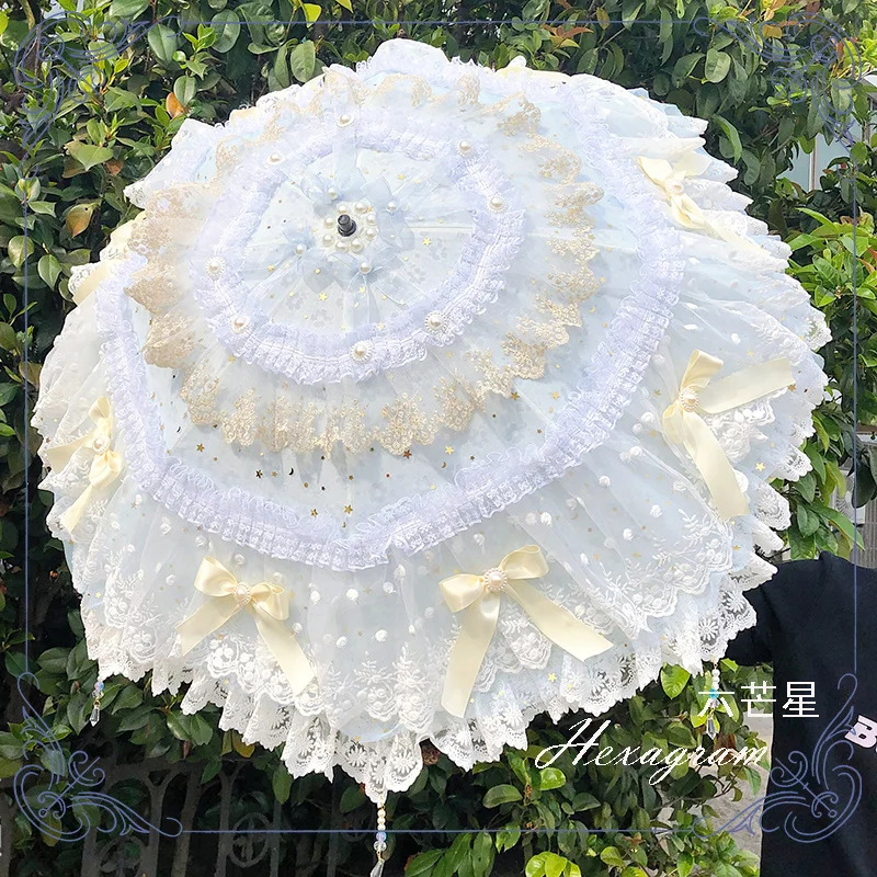 Wedding Kid Sunny Rainy Dualuse Lolita Flower Lace Handmade Umbrella With Fan Parasol Paraguas Inverso Windproof Radio De Coche