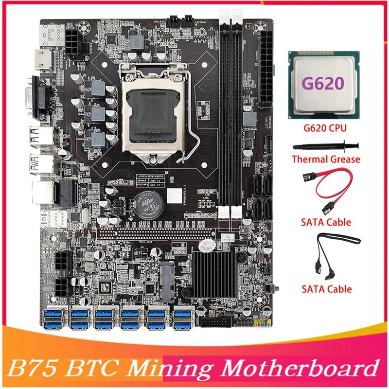 

Материнская плата B75 BTC для майнинга 12 PCIE на USB MSATA DDR3 с процессором G620 + кабель SATA + термопаста B75 USB ETH Майнинг