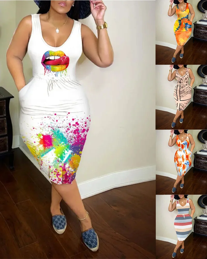 

Women's Printed Tank Top Dress Sexy Sling Waist Mid-Length Skirt Personality Lips V-Neck Dresses Fashion Pack Hip Vestido 2022