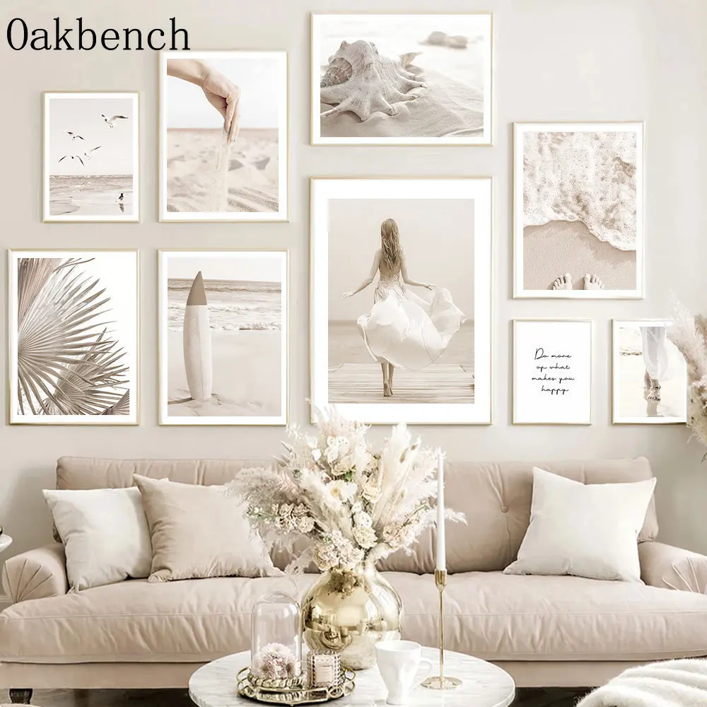 Бежевый холст плакат морской пляж настенное искусство ручной песок принт