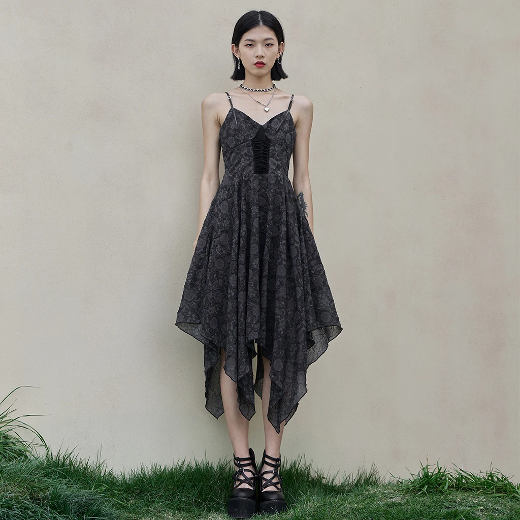 

PUNKRAVE Women's Dress Gothic Dark Gray Flower Texture Chiffon Slip Dress Healing Holiday Collect Wais Asymmetric Hem Dress