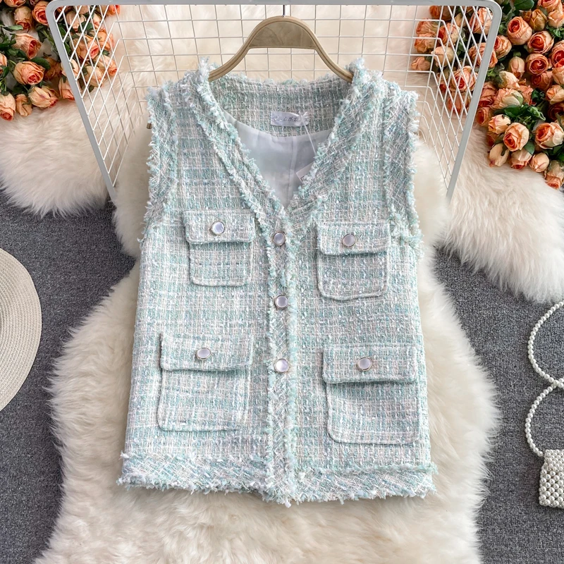 

Autumn New Slim Solid Vest Tweed Waistcoat Jacket Women V Neck 2022 Spring Tops White Blue Cardigan Outerwear Female