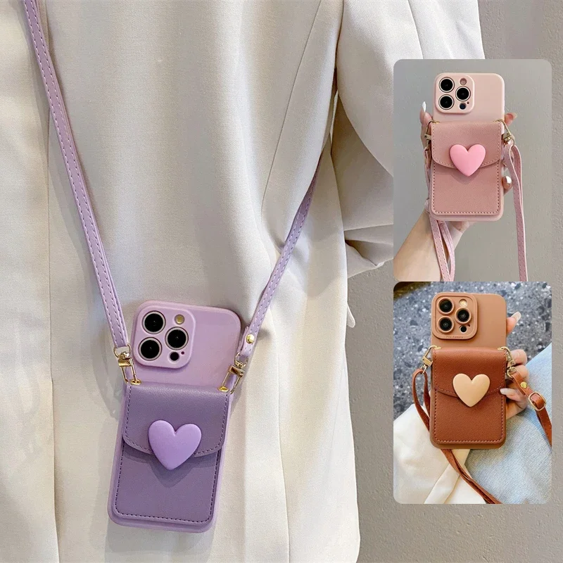 3D Love Heart Wallet Leather Crossbody Lanyard Phone Case For iPhone 15 16 13 14 12 Pro Max X XS Cover Bag Plus