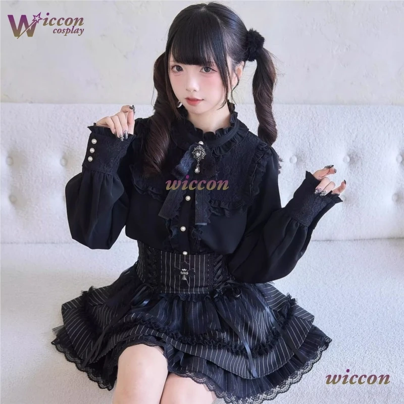 Фото CosR Блузка для девочек Топ Женская рубашка с длинным рукавом Jirai kei Outfit Lolita Kawii Bow Черные юбки Рубашка Y2K Sweet Japanese Lady Style №2
