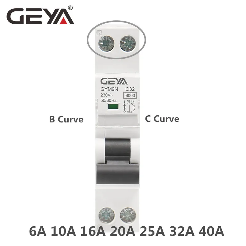 

GEYA GYM9N DPN MCB 1P+N 6A 10A 16A 20A 25A 32A 40A 220V AC Mini Circuit Breaker 6KA C Curve B Curve