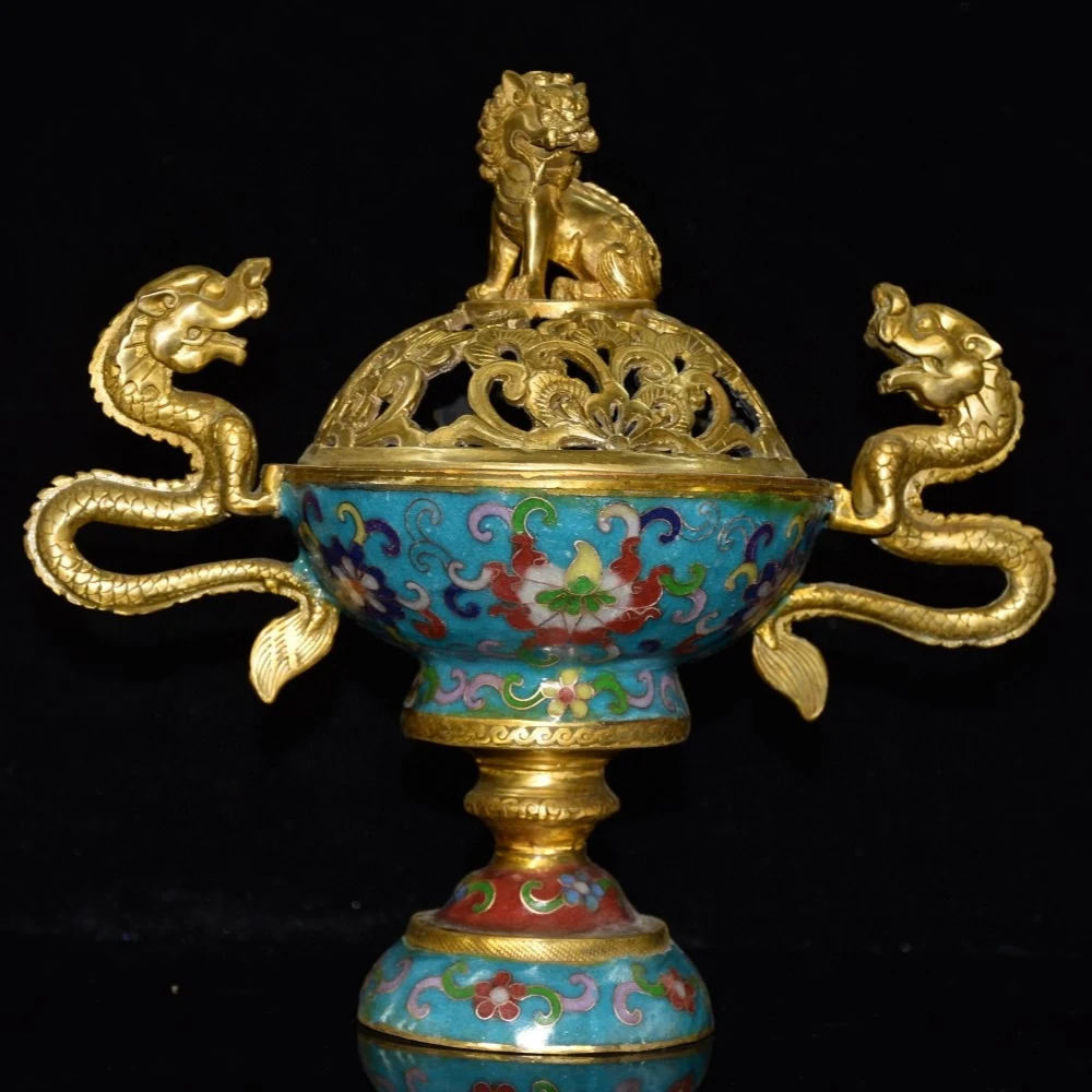

10"Tibetan Temple Collection Old Bronze Cloisonne Gilt lion dragon eight treasures incense burner office ornament Town House