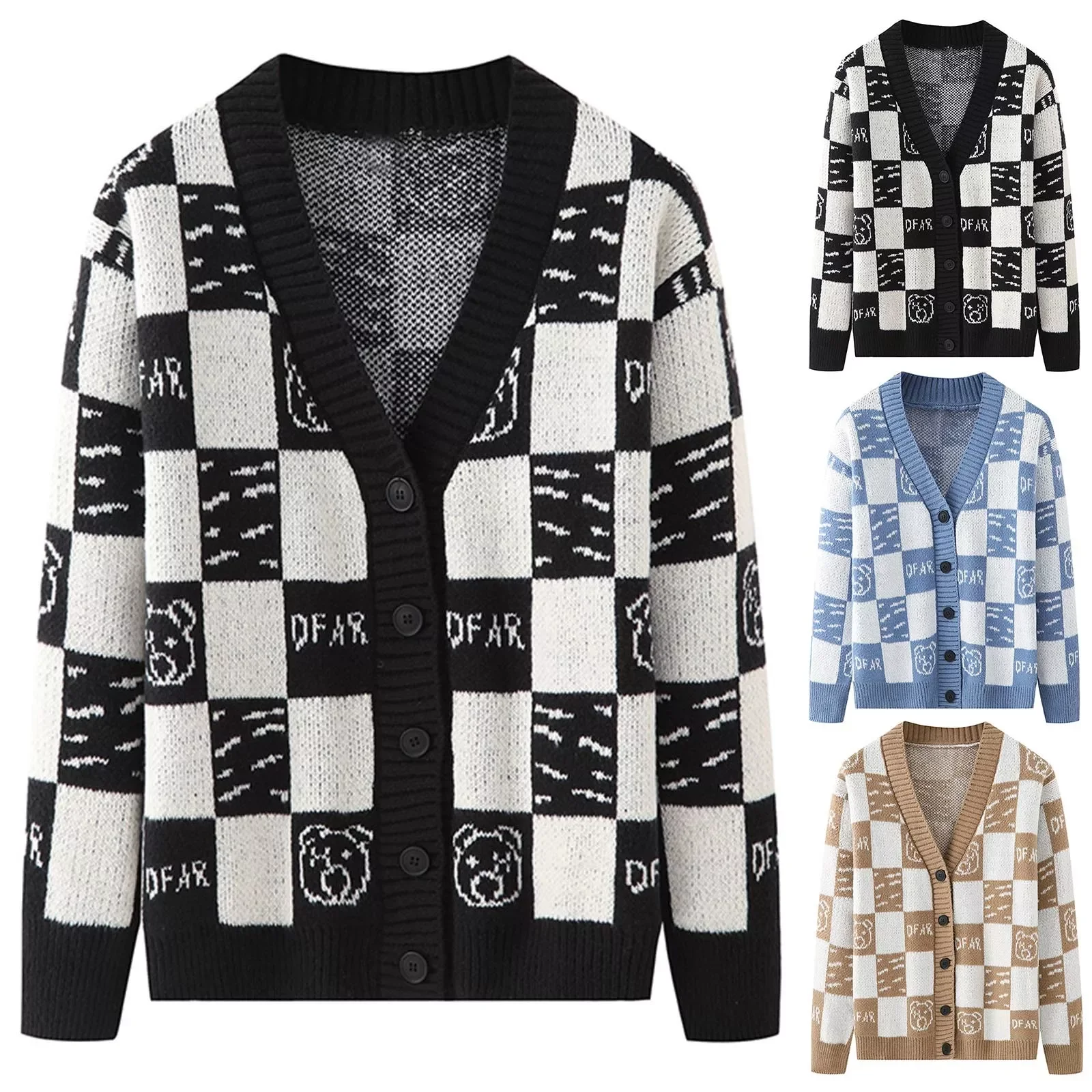 

Mens Fashion Color Matching Pocket Lattice Versatile Long Sleeve Cardigan Coat Long Sweater Cardigan