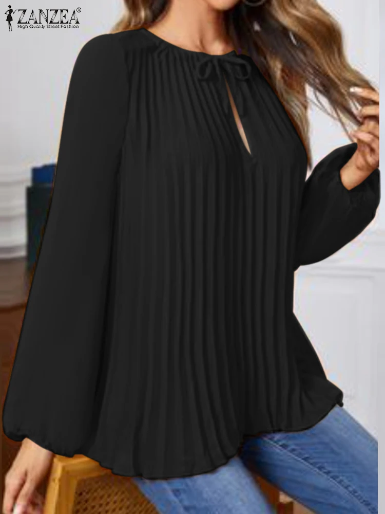 

Fashion Bowtie Neck Shirt ZANZEA Oversize Women Solid Blouse 2023 Autumn Long Lantern Sleeve Tops Casual Hollow Out Pleats Blusa