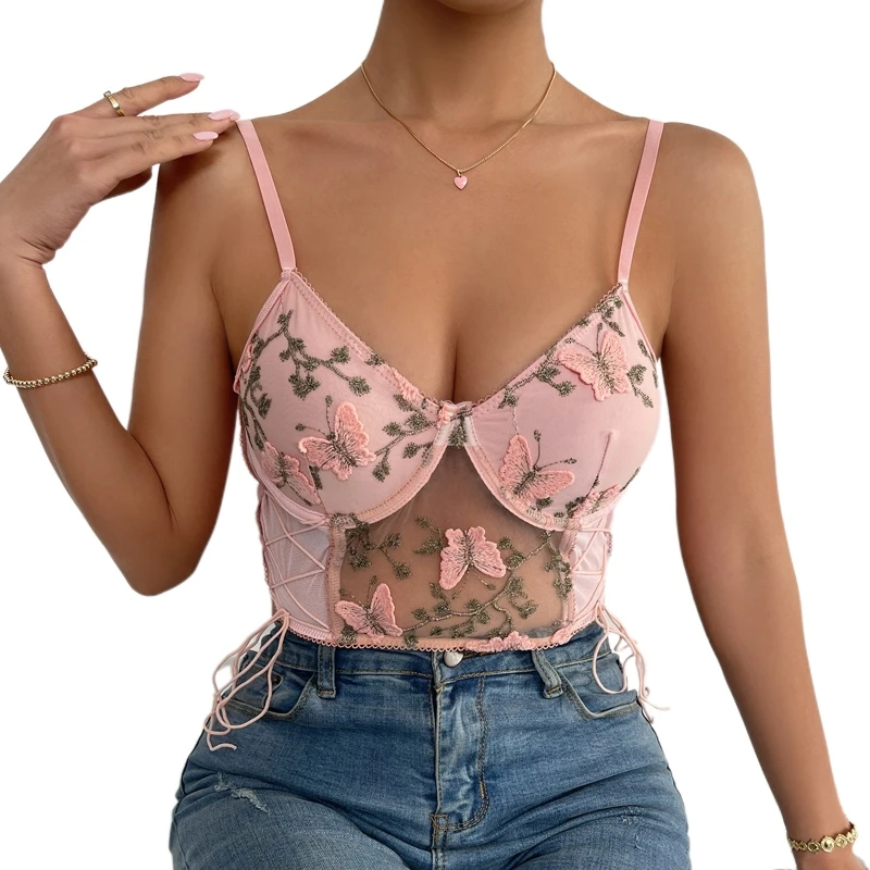 

Women's Lace Up Crop Tops Embroidery Butterfly Tank Tops See Through Cami Tops