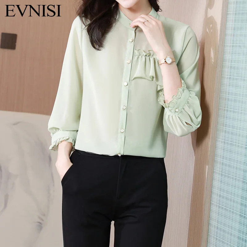 

Зеленая Шелковая женская блузка EVNISI на пуговицах, осень 2022, новая рубашка с воротником-стойкой и рукавом-бабочкой, простые элегантные офисные женские блузки