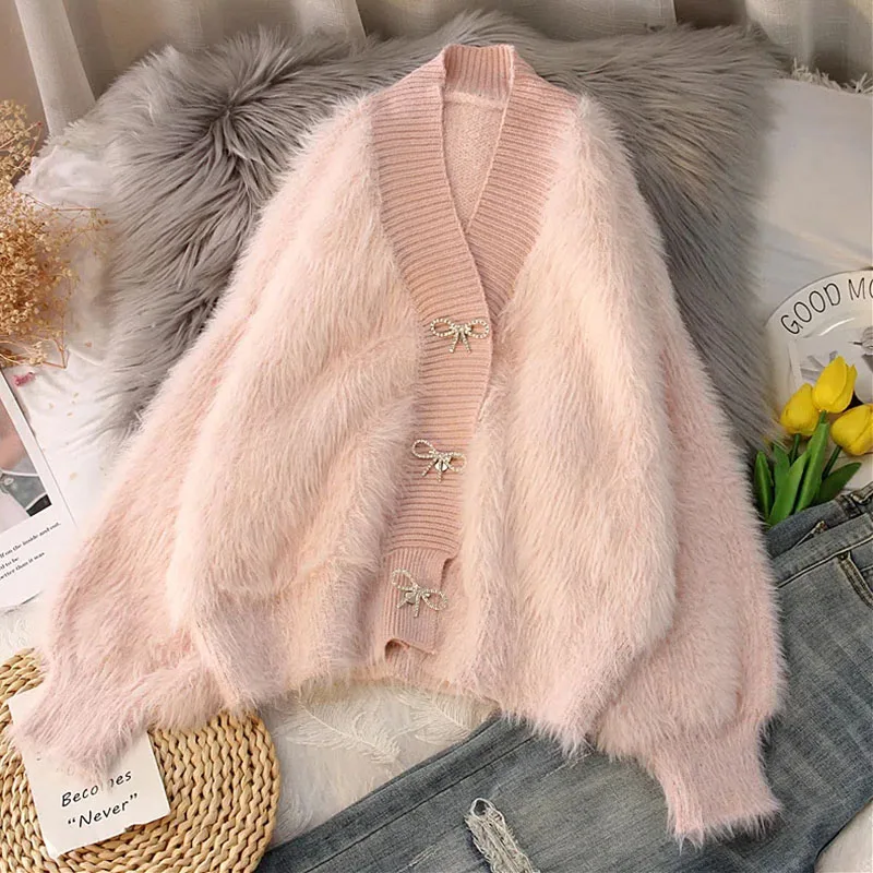 

Lucyever Pink Warm Furry Sweater Coat Women Korean Chic Rhinestones Button V-Neck Cardigans Ladies Thick Lantern Sleeve Sweaters
