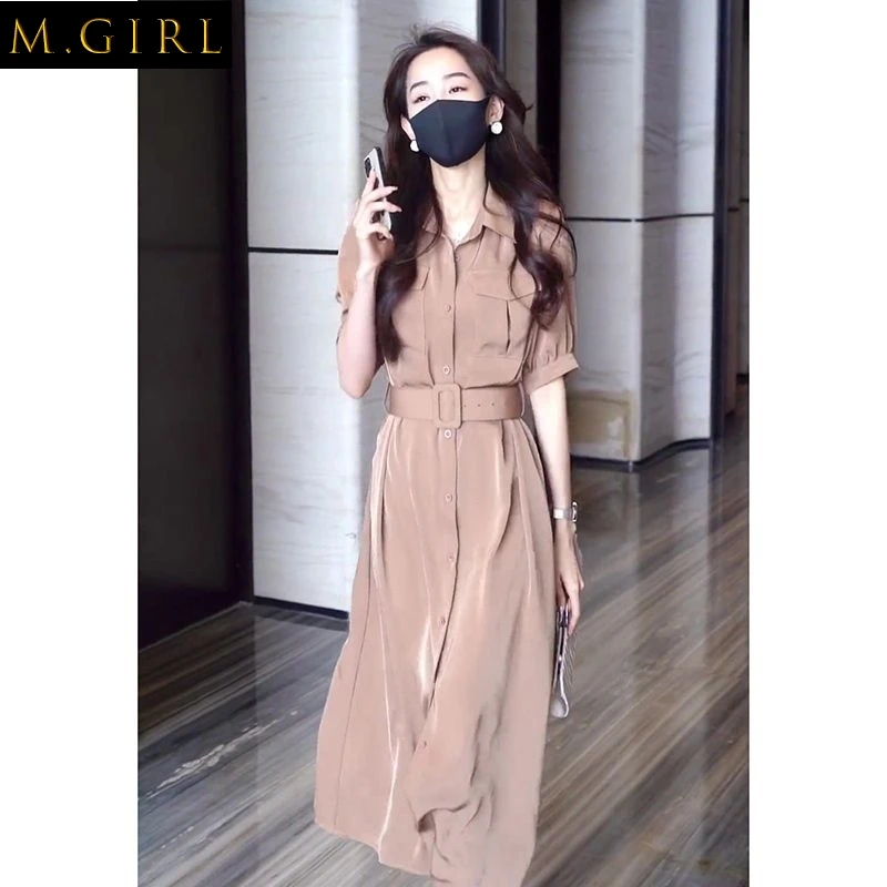 

Gaganight Women Turn down Collar Shirt Dress Women's Summer 2022 New Korean Chic Elegant High end Waist Slim Female Long Dresses