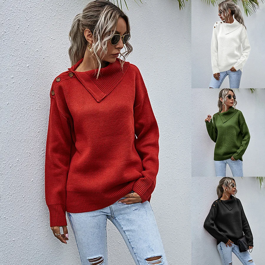 

Side Lapel Pullover Autumn and Winter New Women's Clothing Casual Shoulder Button Sweater