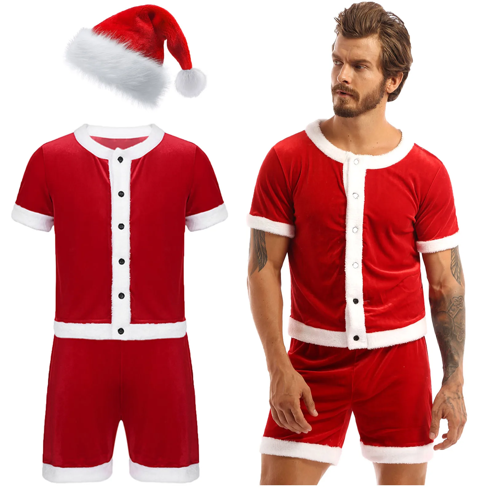 

Мужской Рождественский костюм Санта-Клауса для ролевых игр, необычное платье, костюм для косплея, наряд для вечеринки, футболка, шорты с рождественской шапкой