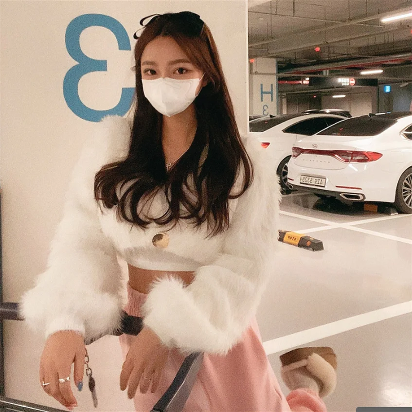 Милый однотонный короткий кардиган с V-образным вырезом корейский шикарный