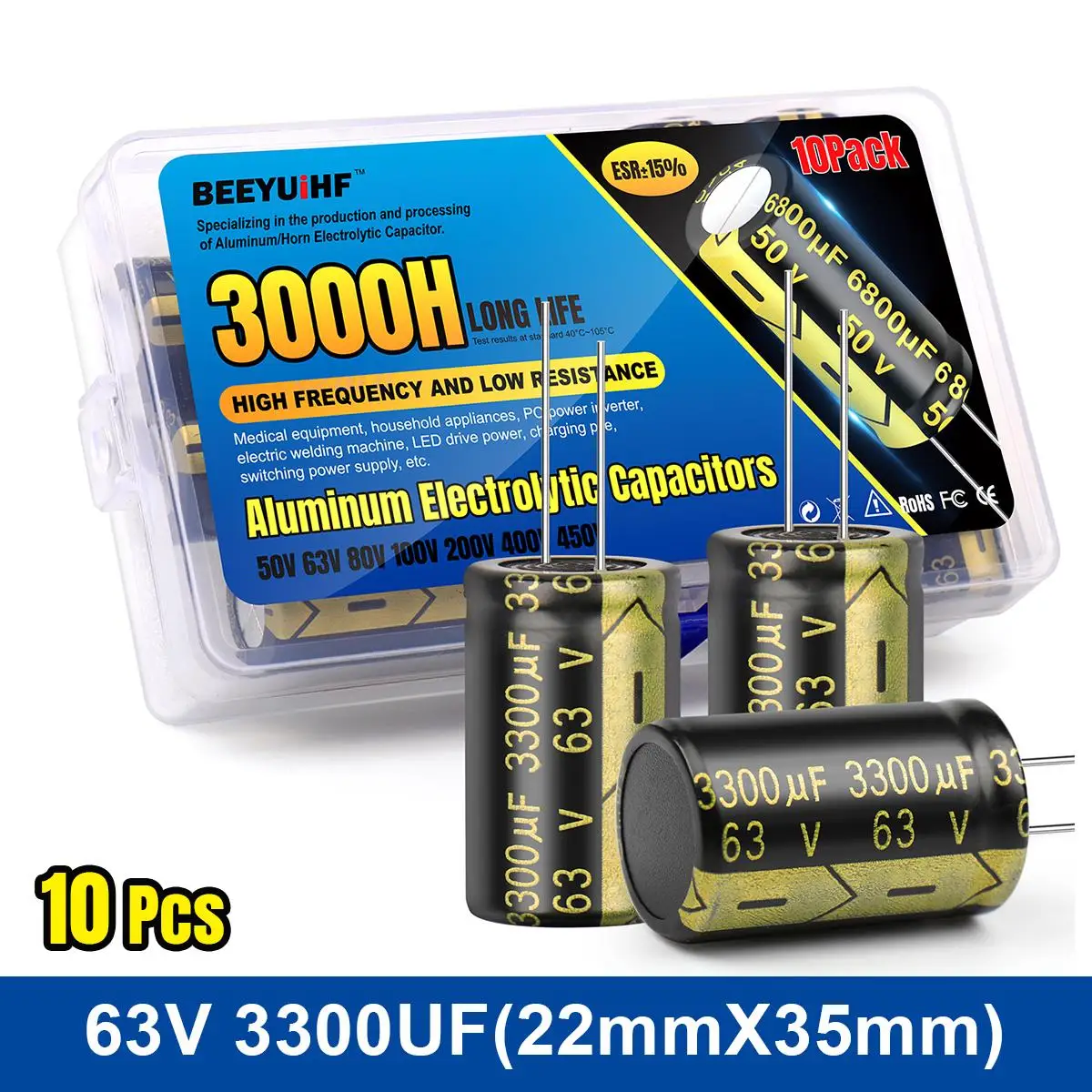 

10 шт., 3300 мкФ JCCON, алюминиевый электролитический конденсатор 63V3300UF 22x35, высокочастотные низкочастотные конденсаторы ESR, набор в ассортименте, ...