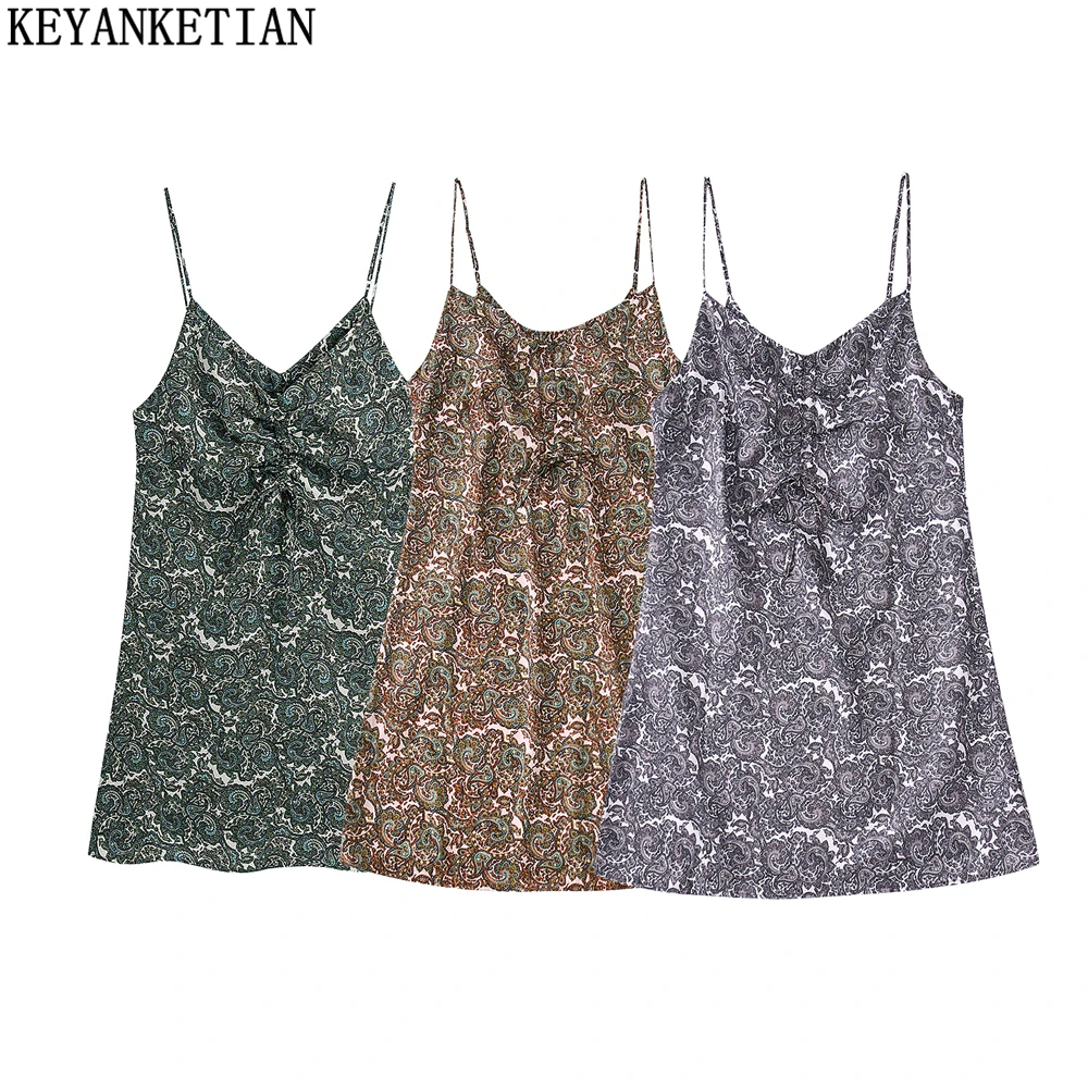 

KEYANKETIAN Ladies Vintage Totem Print Sling Dress 2022 New Pleated Lace Up V-Neck Satin High Waist Women's Mini Skirt