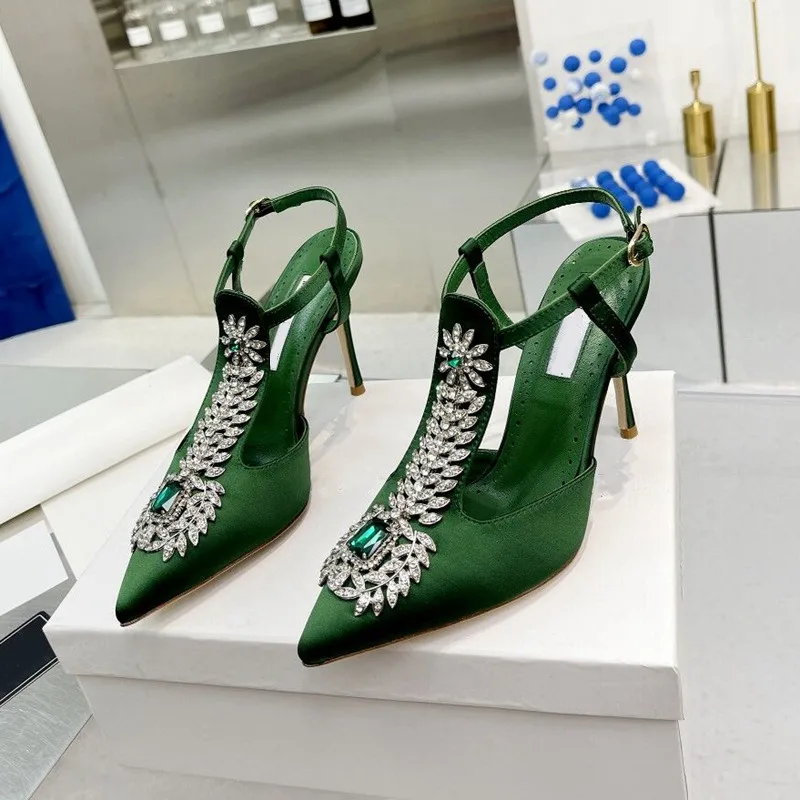 Pointed-toe ladies sandals 2023summer new rhinestone square buckle high-heeled toe stiletto satin chain back empty Roman shoes