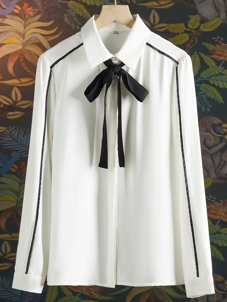 

White women shirt elegant long sleeve button up bow tie neck office ladies work wear blouses top breasted female summer 2022