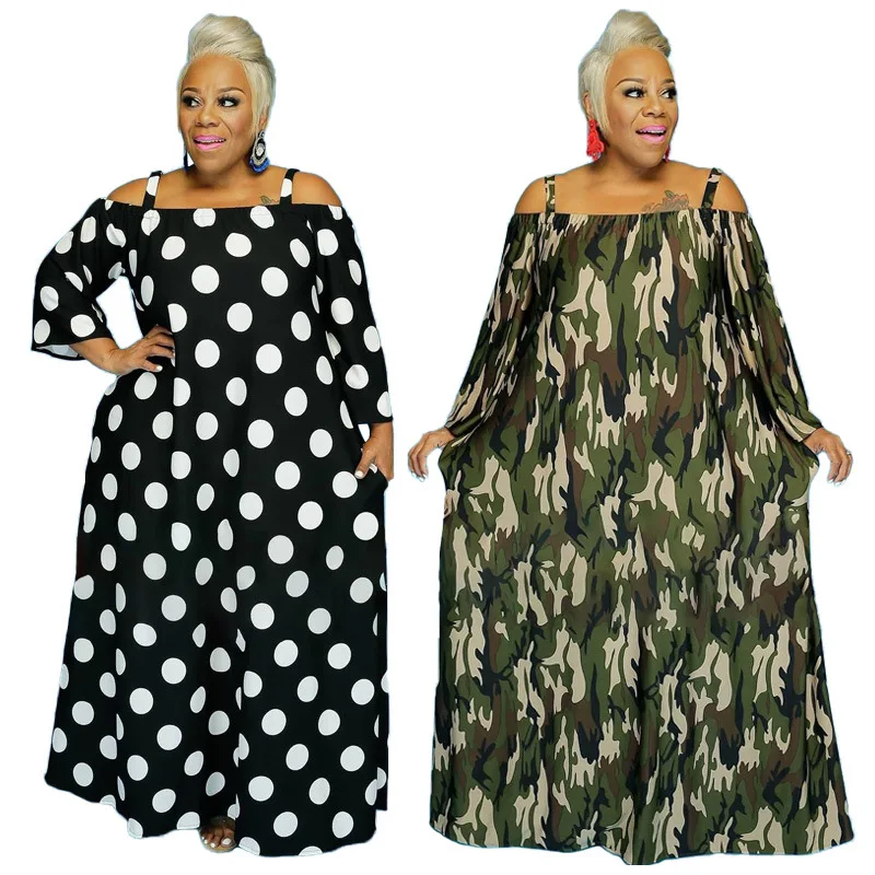 

5XL Plus Size Summer Maxi Dress Wholesale Fashion Women Clothing Sexy Slash Dots Camouflage Casual Loose Dresses Dropshipping