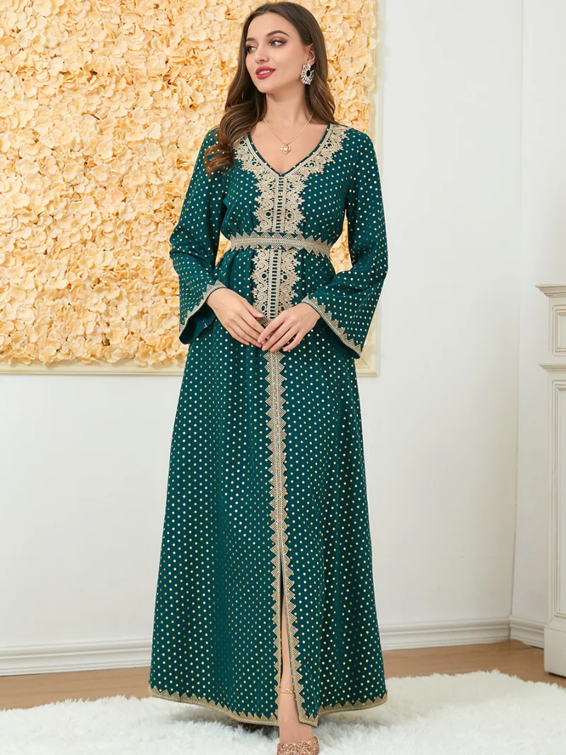 Turkey Dresses For Women Polka Dot Lace Embroidery V-Neck Long Sleeve Elegant A-Line Dress Belted Kaftan Muslim Women Clothing