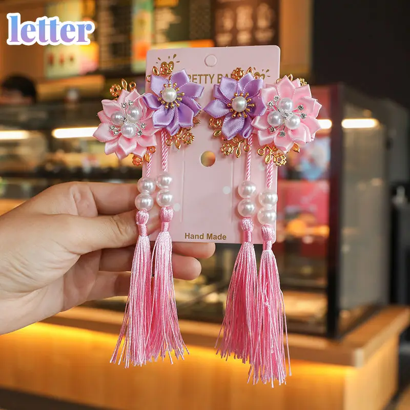 

2PCS Beautiful Chinese Style Children Girl Hairpin Headdress Tassel Ribbon Baby Flowers Pearl Hair Clips HeadWear