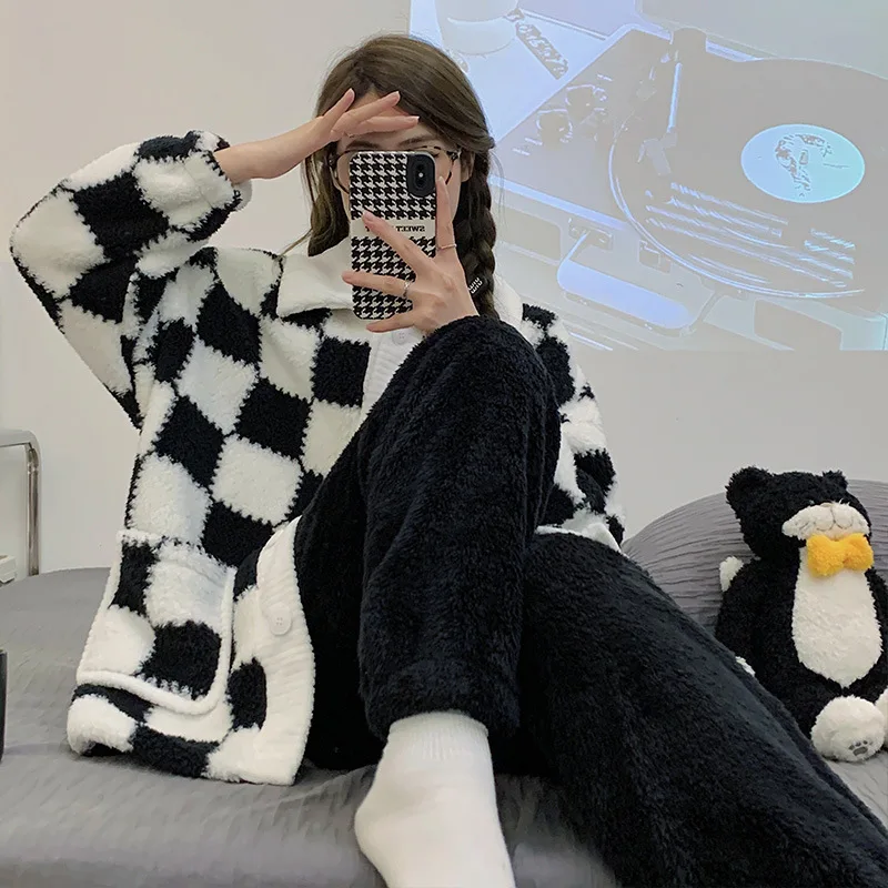 Yasuk Autumn Winter Cute Women's Casual Lovely Sweet Plaid Warm Soft Sleepwear Loose Pajamas With Pants Flannel Pullover Pink