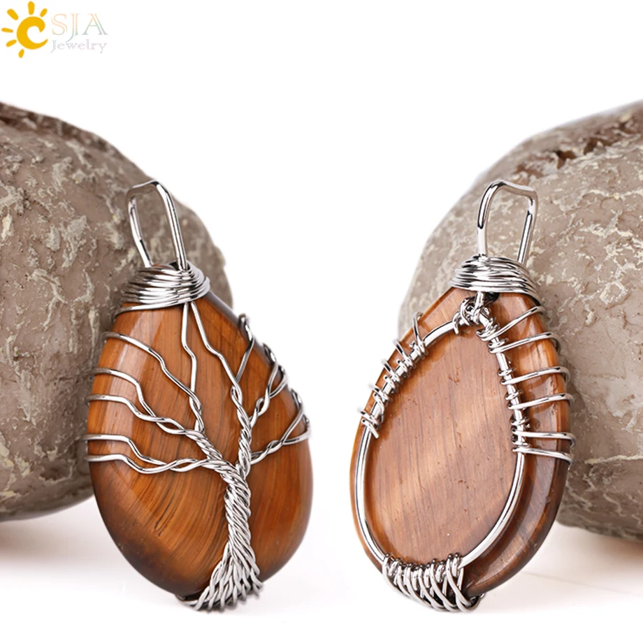 Tree of Life Pendant Natural Stone Wire Wrapped Crystal Pendants for Necklace Pink Quartz Tiger Eye Amethysts Clear Quartz H042