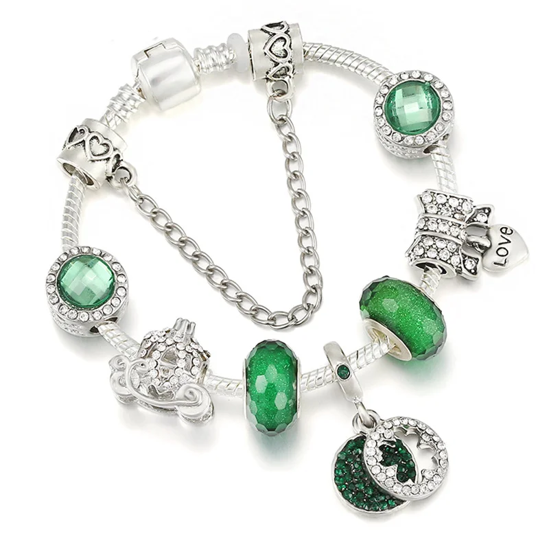 

Green Glass Beads Bracelet Fit Pandora DIY S925 Silver Chain Beads Original Jewelry Handmade Accessories Wholesale