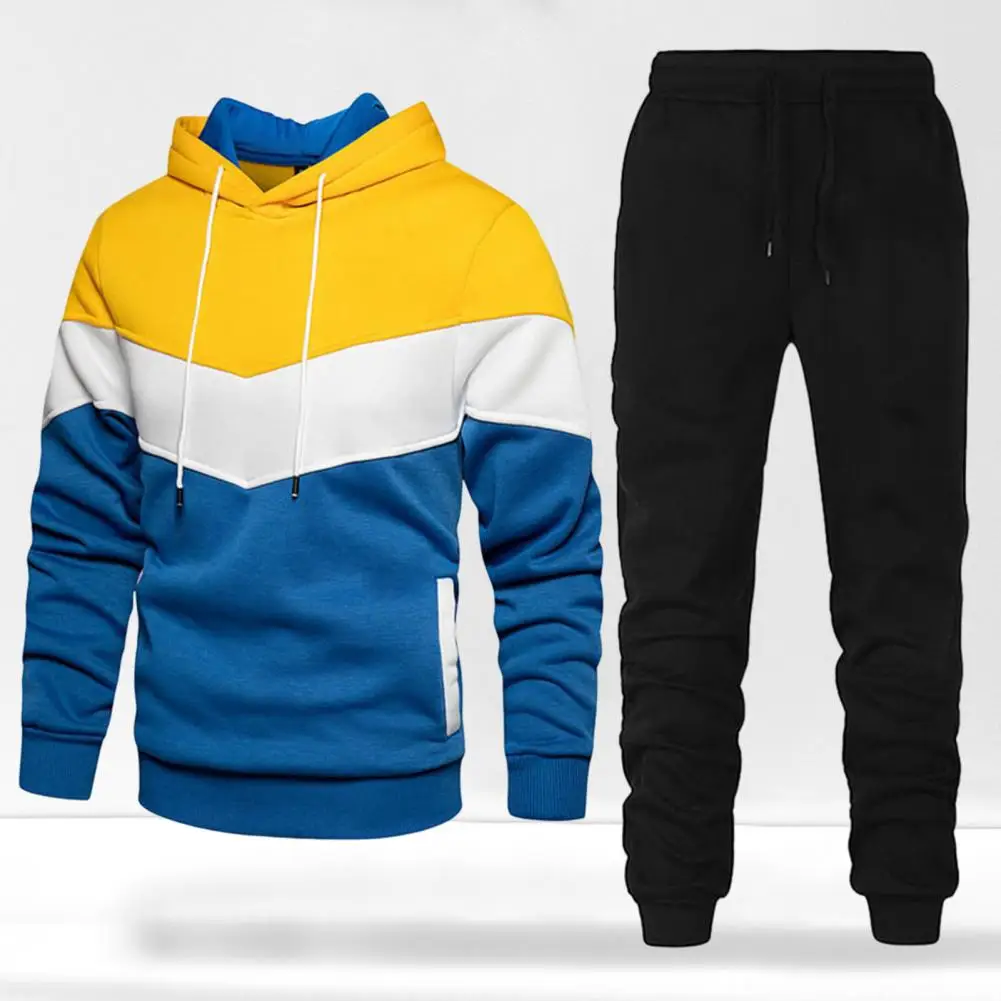 

2 Pcs/Set Men Autumn Tracksuit Contrast Color Hoodie Sweatpants Set Colorblock Men Autumn Tracksuit