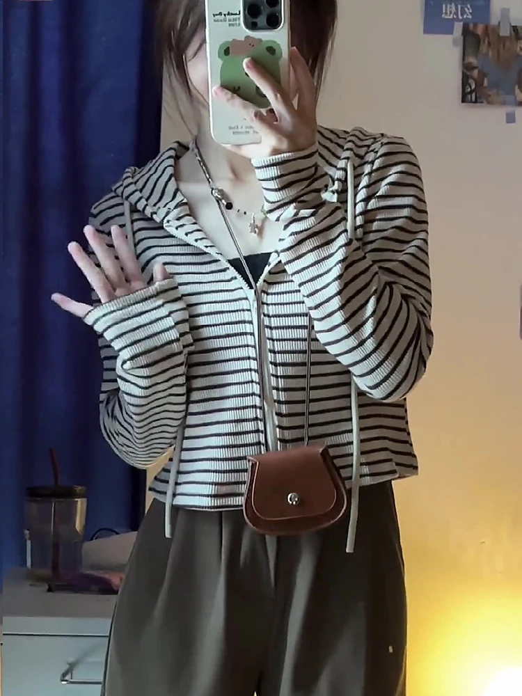 

Повседневная Толстовка, куртки, женская одежда, туника, модные укороченные топы в полоску с длинным рукавом, уличная одежда с капюшоном Y2k, толстовки для женщин