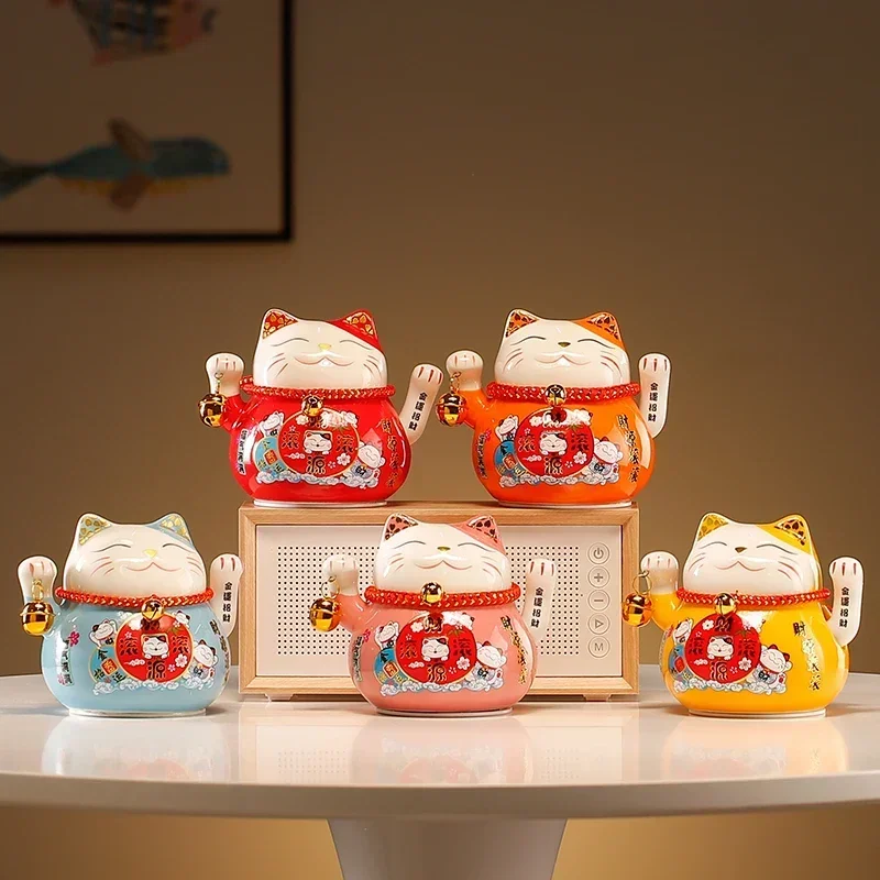 4 5-дюймовый керамический Beckoning Lucky Cat на батарейках Fortune Waving Arm Maneki Neko Подарочная