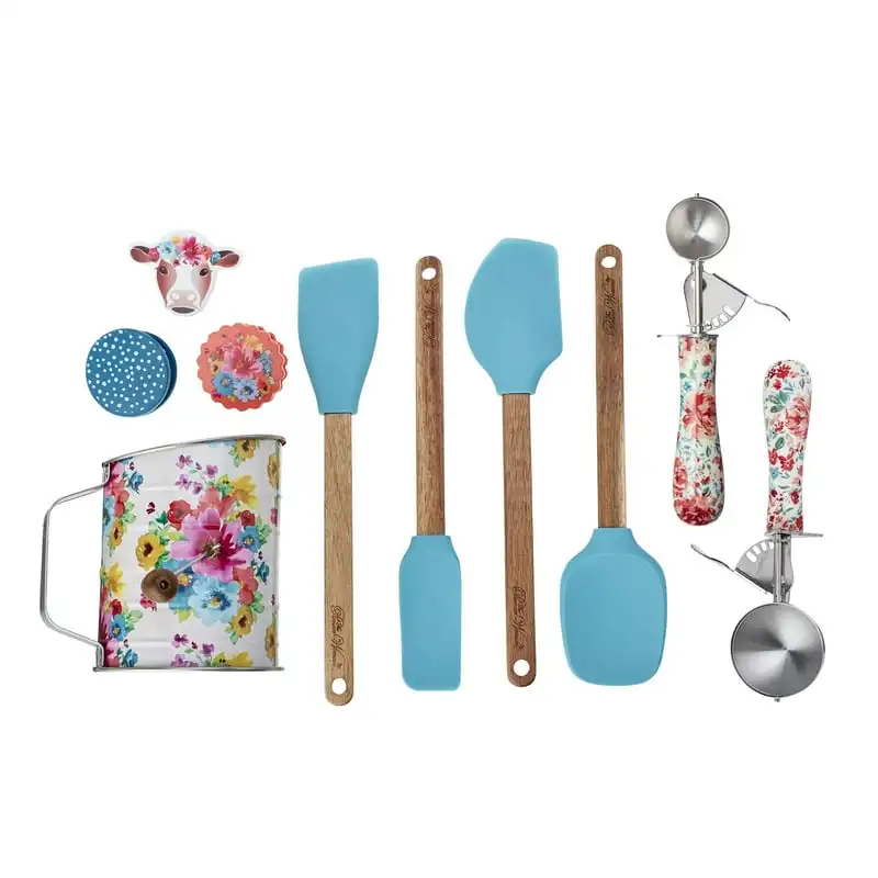 

Kitchen Gadget Set with Sifter, Spatulas, Scoops, and Clips, Teal/Floral