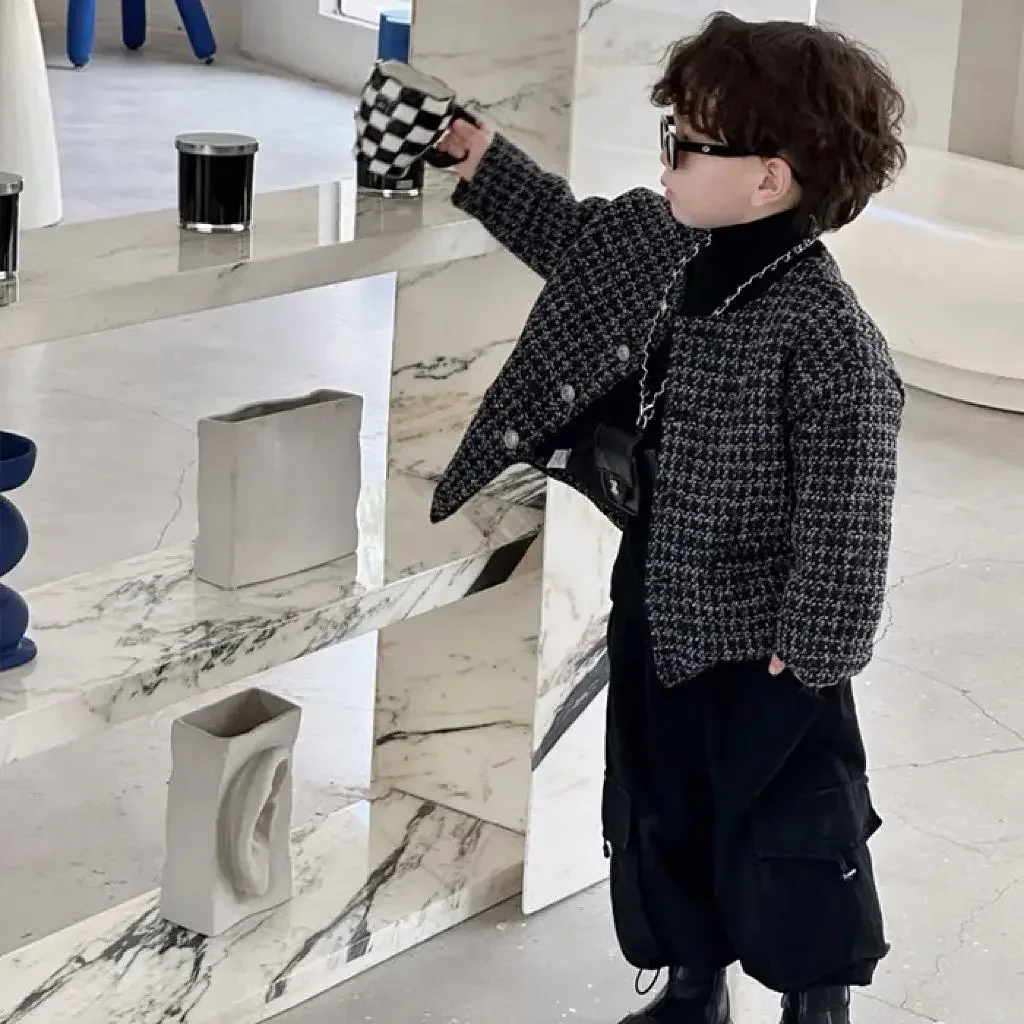 Пальто для мальчиков 2024 осенне-зимняя новая детская одежда черное твидовое