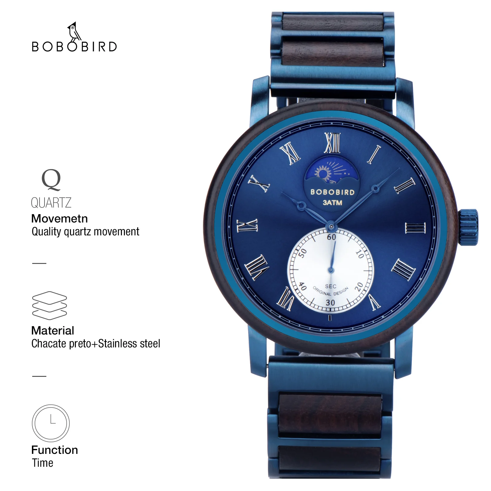 BOBO BIRD Wood Watch New Top Fashion Men's Quartz Wristwatch Moon Phase Classic Luxury Watch Clock Custom Logo Great Gift Box