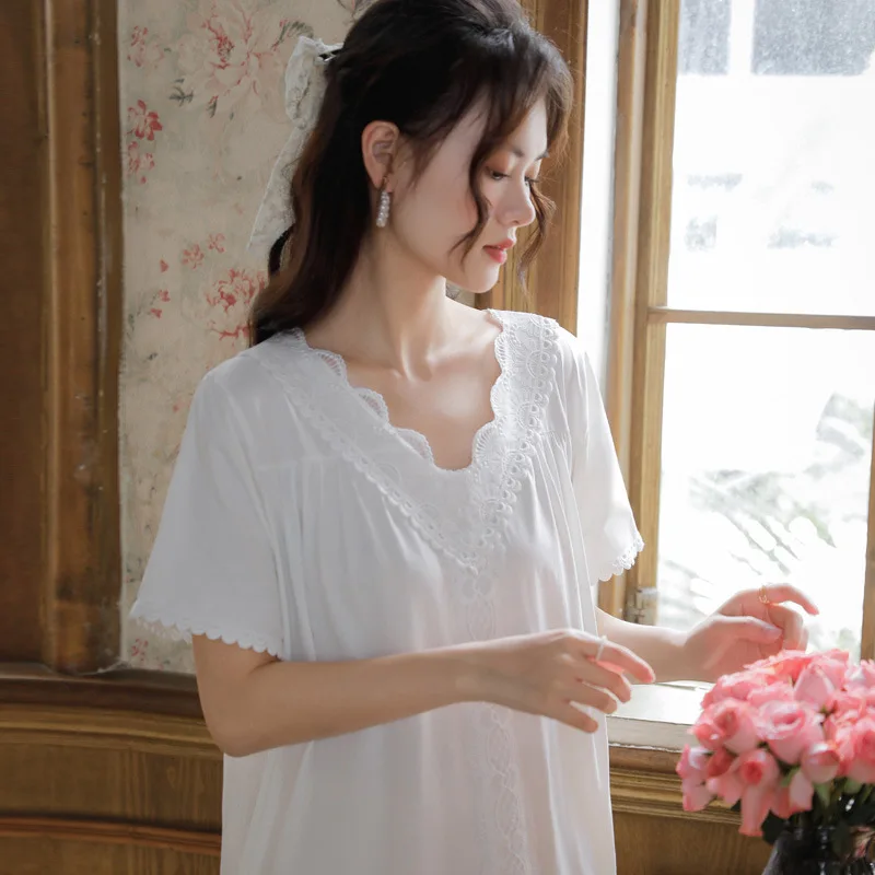 Cotton Short Sleeve Night Dress Women White Fairy Long Peignoir Loose Robe Vintage Lace Victorian Nightgowns Princess Sleepwear