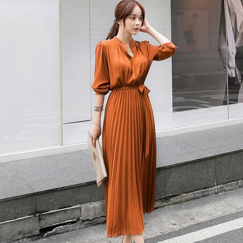 

Dinboa- Elegant Breasted Women Dresses, Long Sleeve Pleated Dresses, for Thin Waist and Line A, Women Casual Dresses 2022