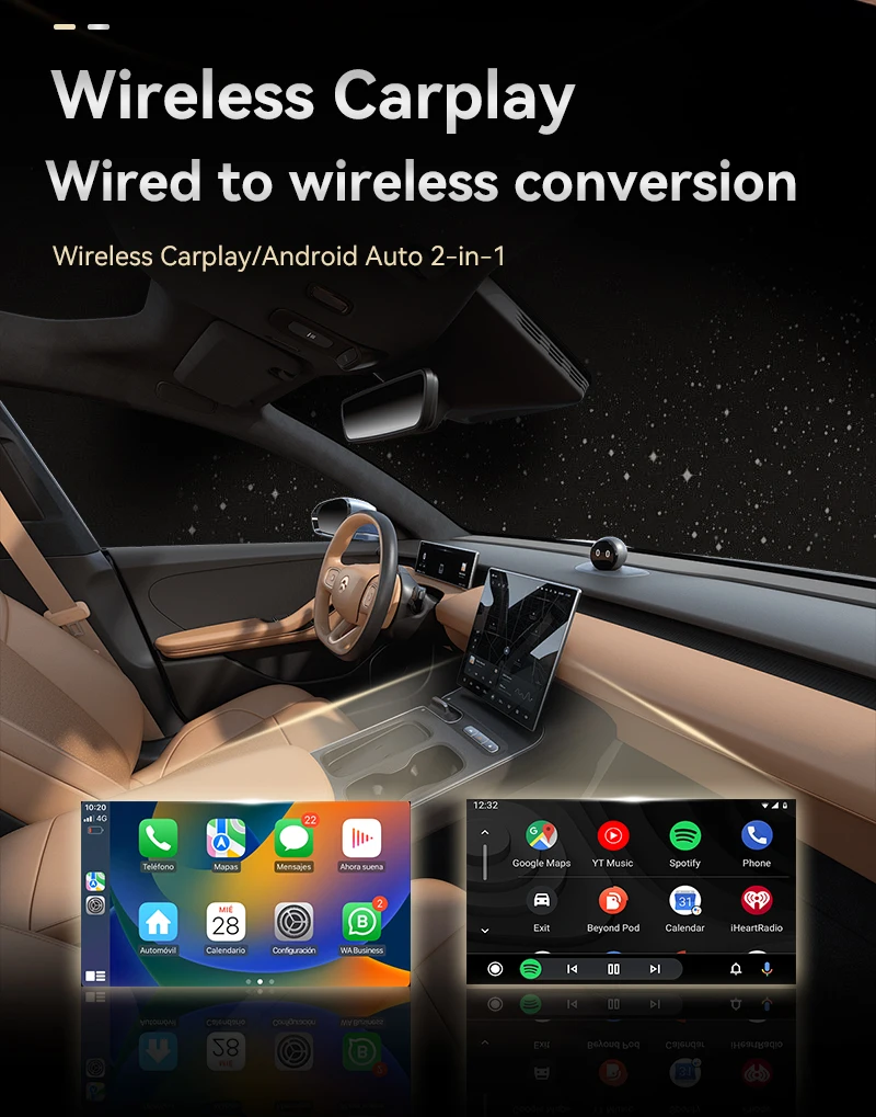 Фото Беспроводной адаптер Calebe 2-в-1 для CarPlay и Android Auto, AirPlay, BT5.0, USB/USB-C, Wi-Fi передача данных для iOS/Android без задержек №5