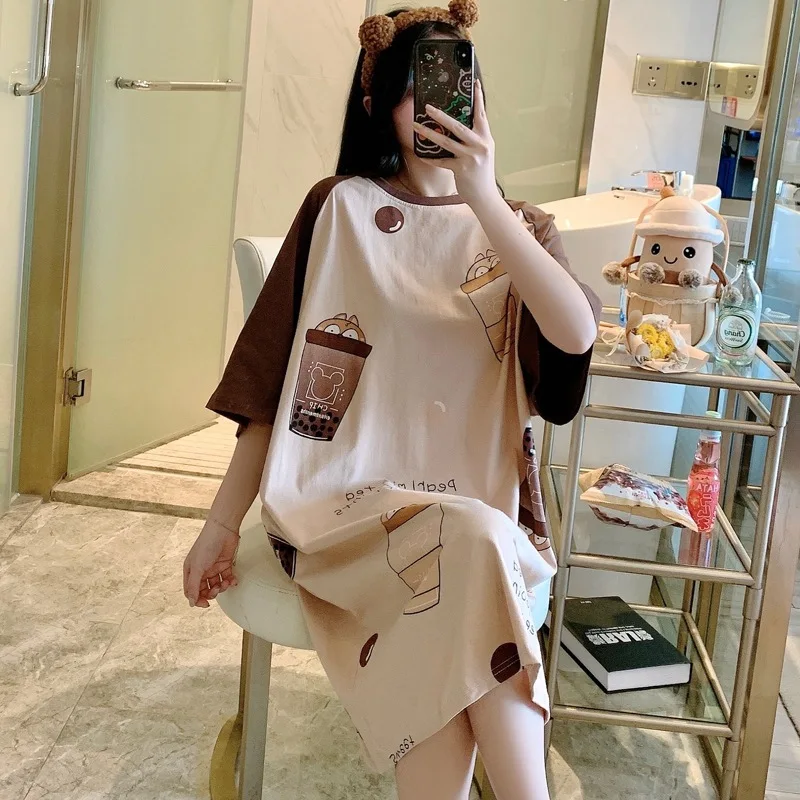 Summer Knitted Cotton Women Nightgown Short Sleeve Cartoon Sweet Soft Female Nightdress Loose  Girls Nightwear