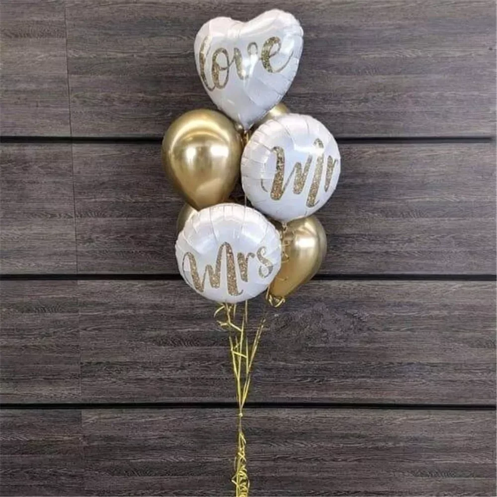 

1set 18inch Round White Gold Glitter Print Mr&Mrs LOVE Foil Balloons bride to be marriage Wedding Valentine's Day Air Globos