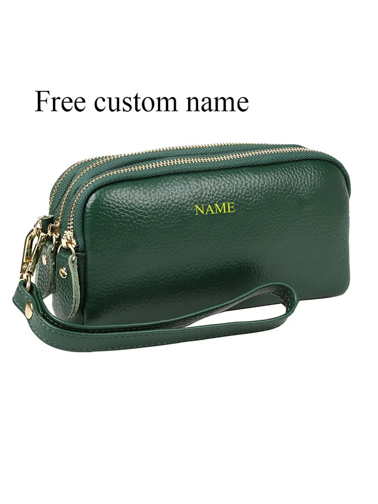 Free DIY Genuine Leather Clutch Bag For Women Cowhide Zipper Long Ladies Wallet Custom Name Bag Coin Purse Fashion Card Handbag