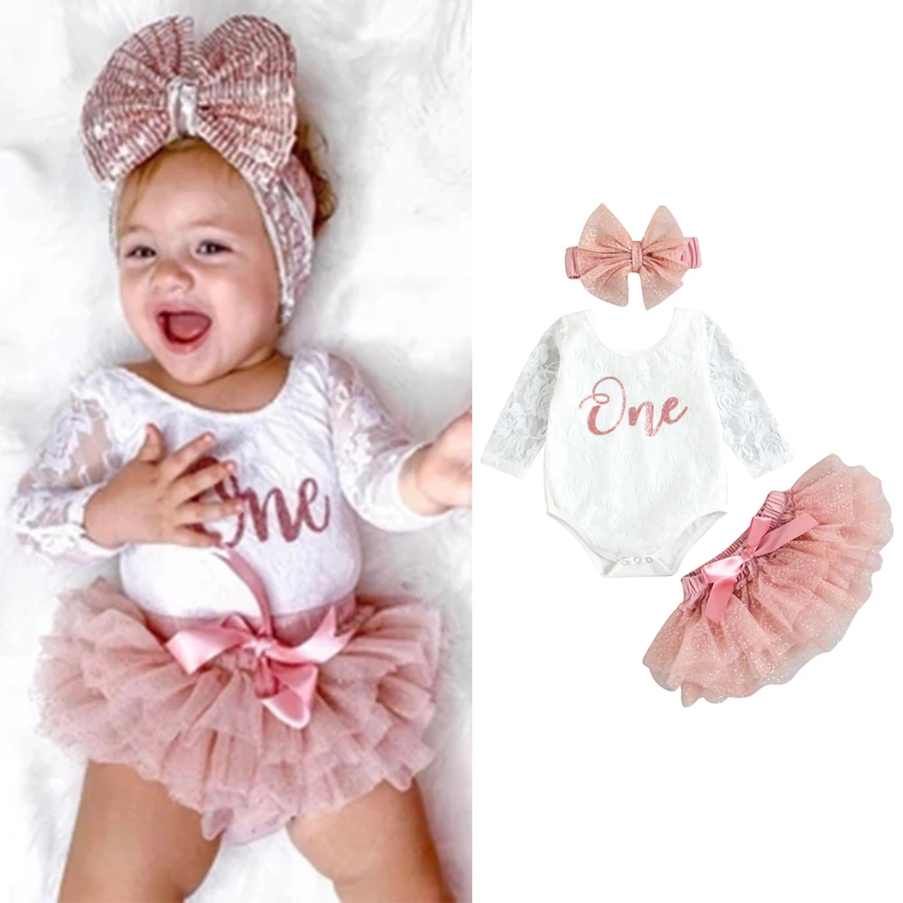 

3pcs Infant Baby Girls Clothes Newborn Lace Long Sleeve Letter Romper Tops Girls Mini Tulle Skirt Headband Outfits Sets