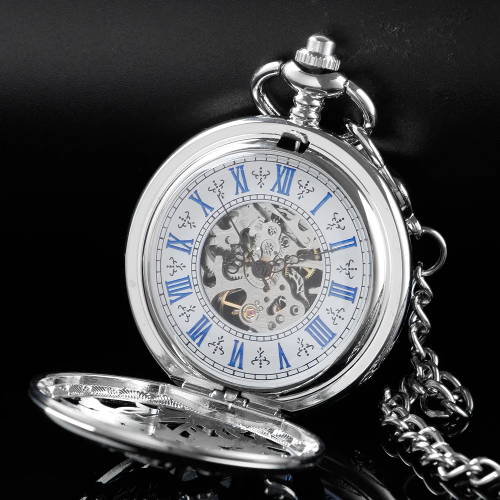 Silver Carp Hollowed-Out Design Mechanical Manual Pocket Watch Roman Digital Skull Dial Pendant Automatic Antique Clock Gift