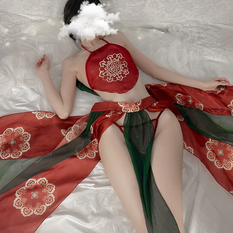 

Red Hanfu Lingerie Sexy Cosplay Costumes Bellyband Slit Long Dress Sleepwear Retro Ancient Chinese Costume Classical Kimono Robe