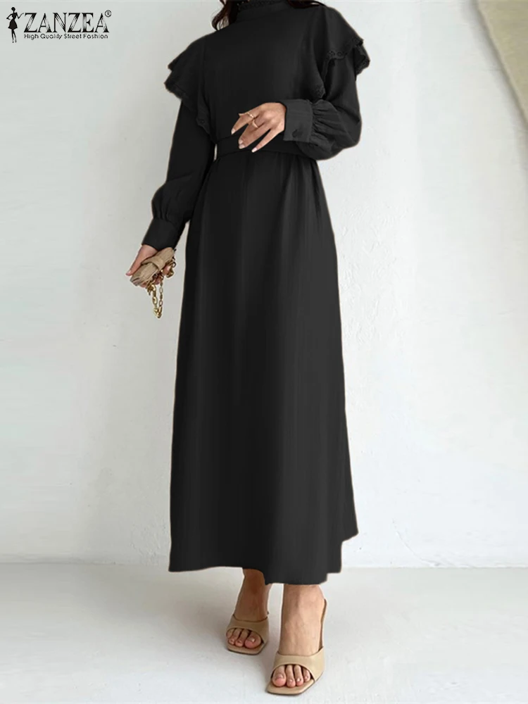 

ZANZEA повседневное весеннее длинное платье 2023, женское кружевное платье с прострочкой, модное платье с воротником-стойкой, винтажное платье с длинным рукавом-фонариком