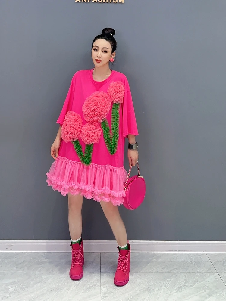 

SuperAen 2023 Summer New 3D Mesh Flower T-shirt Spliced Mesh Dress Edge Fashion Women's Streetwear Dress