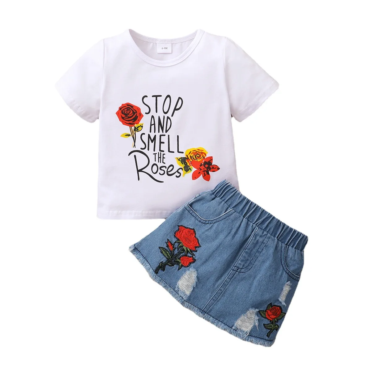 

Baby Girl Costume 2022 New Summer Kids Fashion Rose Letter Printed White T-shirts Tops and Denim Skirts Two Piece Infant Outfits