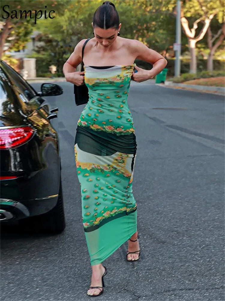 

Sampic Mesh Print Y2K Strapless Bodycon Midi Dress Women Summer Backless Sleeveless See Through Party Dresses Beach Club