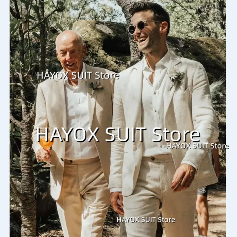 Men's Linen Suit 2 Piece Lapel Single Breasted Men Blazer Set Fashion New Slim Fit Tuxedo For Wedding (Jacket + Pants)