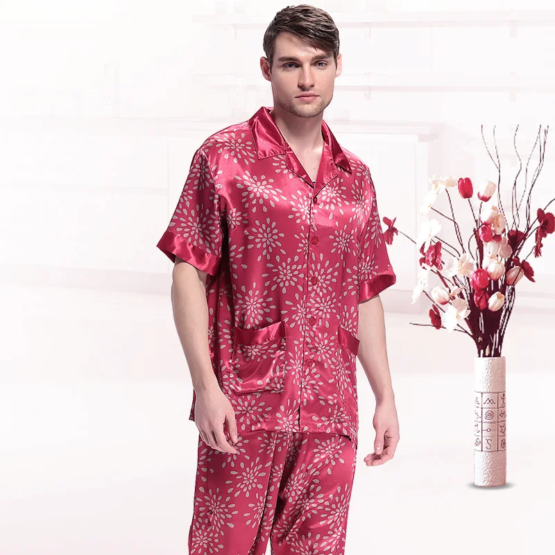 Short Sleeves Satin Pajamas Raindrops Printed Silk Pajamas for Men Silk Pyjama Set Men Sleepwear Home Suit Dropshipping